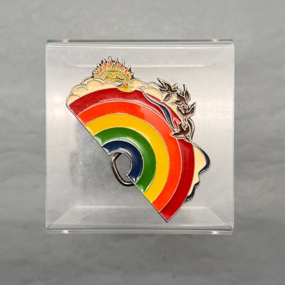 Vintage 1980 Instyle Rainbow Sun Clouds Birds Enamel Belt Buckle Metal